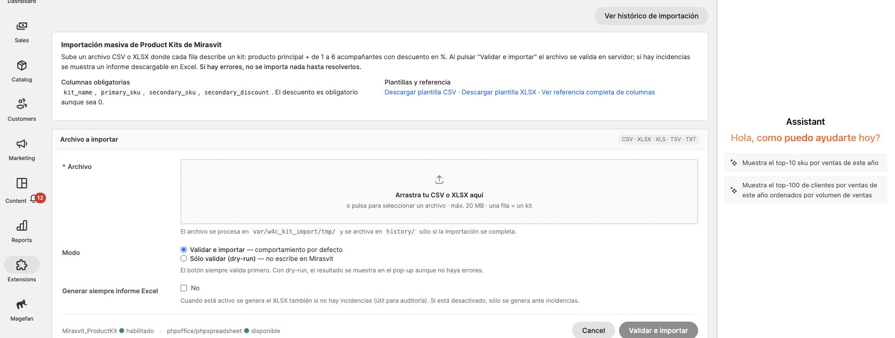 Mirasvit Copilot integrado en el backoffice de Magento 2